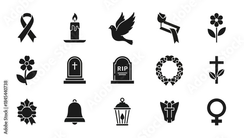 Colorful flat vector icon set of funeral and condolence elements including flowers, wreaths, candles, ribbons, and sympathy symbols in a clean illustrative style
