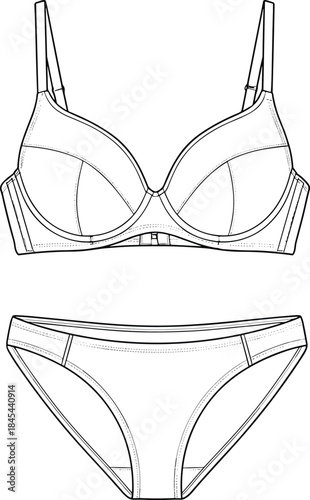 Women lingerie technical fashion illustration with bra and panties front view, detailed underwear line vector apparel design template isolated professional