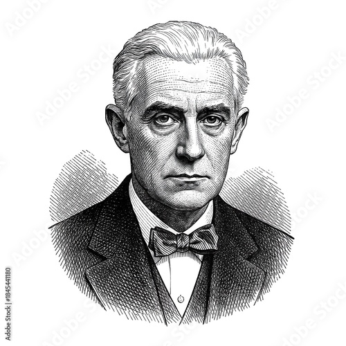 Black and white vintage engraving, close-up headshot portrait of Joseph Maurice Ravel, the famous historical French classical music composer, pianist and conductor, white background, greyscale