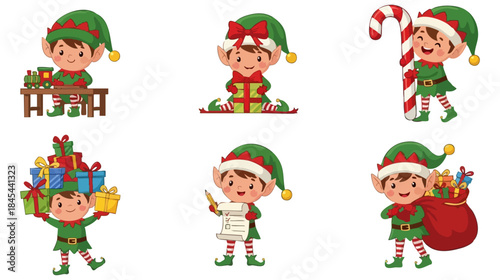 Cute Christmas Elf Vector Art Set with Transparent Background: Cartoon Holiday Helper Characters, Santa's Workshop, and Festive Presents