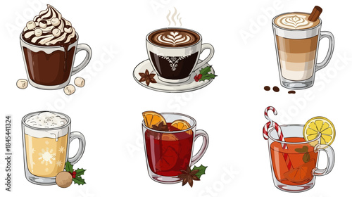 Festive Winter Hot Drinks Vector Art Set with Transparent Background: Cozy Christmas Coffee, Hot Chocolate, Mulled Wine, and Holiday Beverage Illustrations