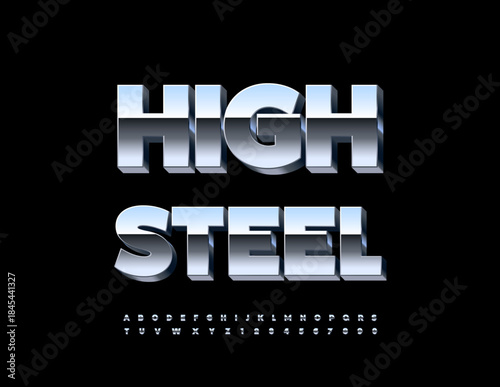 Vector Steel Font. Trendy Industrial 3D Alphabet. Reflective Metallic Letters and Symbols set.