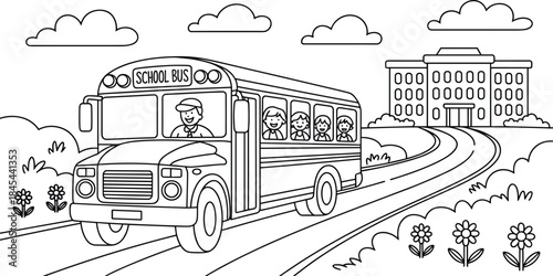 School bus illustration with children and driver traveling on road toward school building cheerful educational transport black white line art