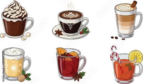 Festive Winter Hot Drinks Vector Art Set with Transparent Background: Cozy Christmas Coffee, Hot Chocolate, Mulled Wine, and Holiday Beverage Illustrations