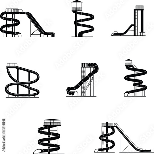 Water slide silhouette icons set featuring spiral and straight aqua park slides amusement playground attraction vector illustration collection