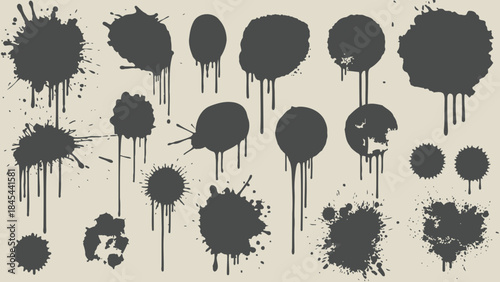 Dark Grey Ink Splatters and Drips Collection on Light Background Grunge Vector