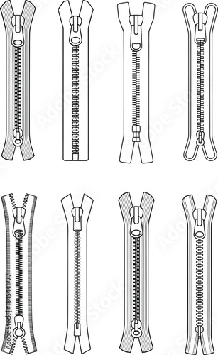 Zipper types illustration set, sewing accessories collection, garment fastening elements, fashion design tools, tailoring supplies, textile industry line art