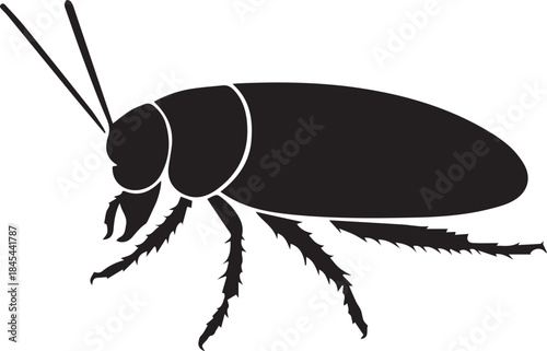 Minimal silhouette style vector cockroach logo design featuring clean black shapes, simple insect form, bold minimalist line art, modern branding icon ideal for pest control services, awareness graphi