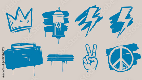 Graffiti Style Urban Icons Set with Crown, Spray Can, Lightning and and Peace Signs