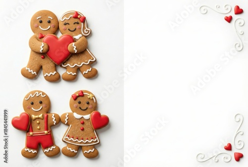 Holiday gingerbread couples holding red hearts for Christmas, New Year and Valentine's Day. Festive winter cookies on white background with copy space for greeting card.
