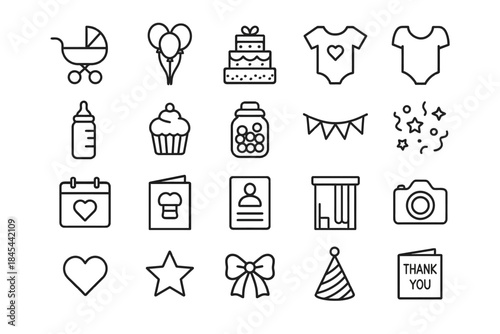 Celebration icons: baby, party, and photography elements for invites and decor