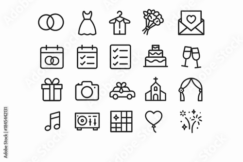 Wedding celebration icons: cake, flowers, rings, dress, car, church, gifts, music, love