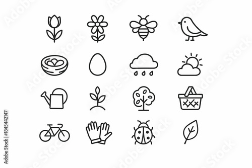 Nature icons: flowers, birds, weather, gardening, and insects in simple line art