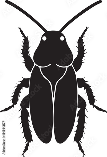 Minimal silhouette style vector cockroach logo design featuring clean black shapes, simple insect form, bold minimalist line art, modern branding icon ideal for pest control services, awareness graphi