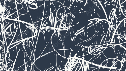 White Scribbles Abstract Pattern on Dark Blue Background, Distressed Grunge Style
