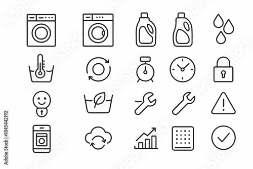 Laundry icons: washing machines, detergent bottles, temperature, cycles, timers, locks, alerts