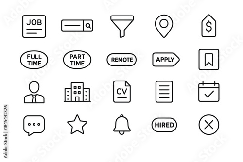 Job search icons: remote, full-time, part-time and application symbols