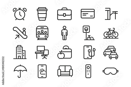 Minimalist icon set: transportation, technology, office, and leisure elements