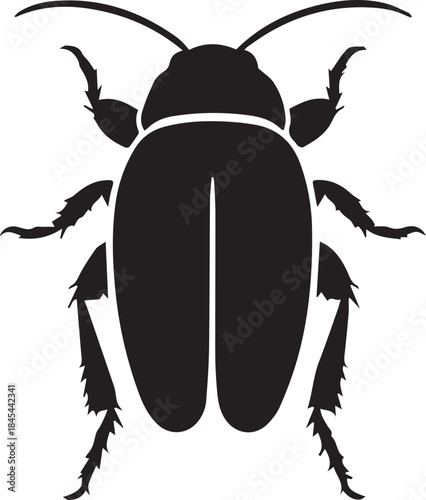Minimal silhouette style vector cockroach logo design featuring clean black shapes, simple insect form, bold minimalist line art, modern branding icon ideal for pest control services, awareness graphi