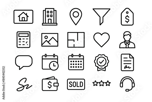 Real estate icon set: home, building, location, price tag, calendar, certification