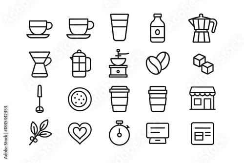 Coffee icons set featuring cups, beans, grinder, moka pot, and more