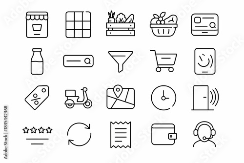 Outline icons of shopping, delivery, and digital services