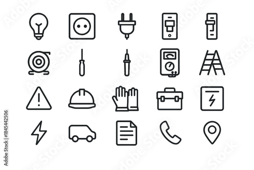 Electrical tools icons set: light bulb, plug, switch, safety equipment, ladder