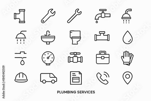 Plumbing services icons: tools, fixtures, and maintenance elements illustrated in line art