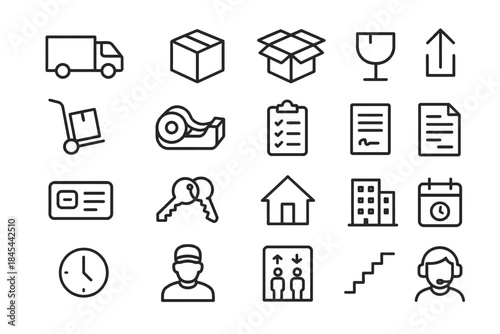 Delivery and logistics icons set featuring trucks, packages, and tools
