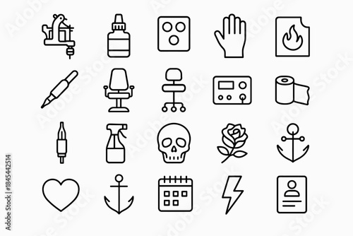 Tattoo equipment and symbols icons set