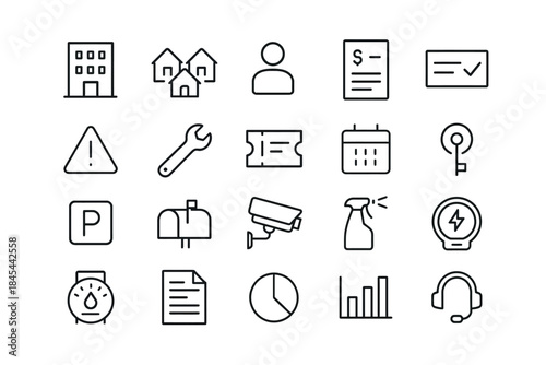 Simple line icons: tools, alerts, mailbox, security camera, calendar