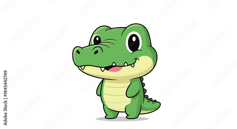 Fototapeta premium Cute cartoon alligator smiling with its mouth open on a white background.