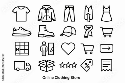 Online clothing store icons: apparel, accessories, shopping cart, delivery, discount