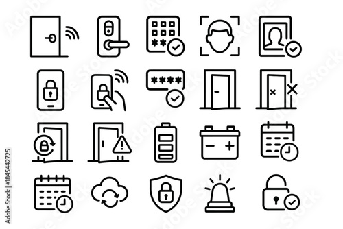 Smart security icon set featuring doors, biometric locks, and alarm systems