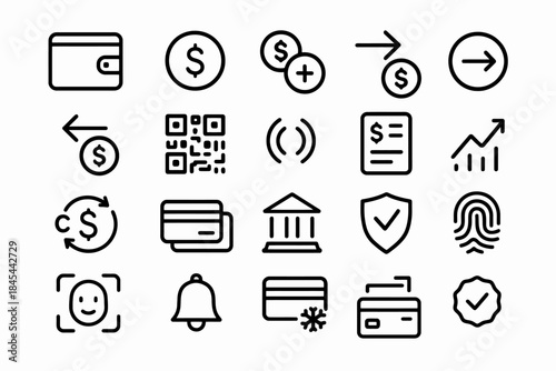 Minimalist financial and security icons: wallet, qr code, payments, graphs, protection, and more