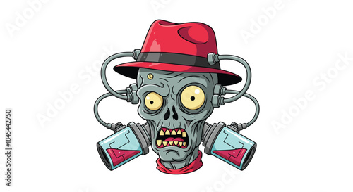 Cartoon mad scientist zombie head with red fedora and science experiment tubes.