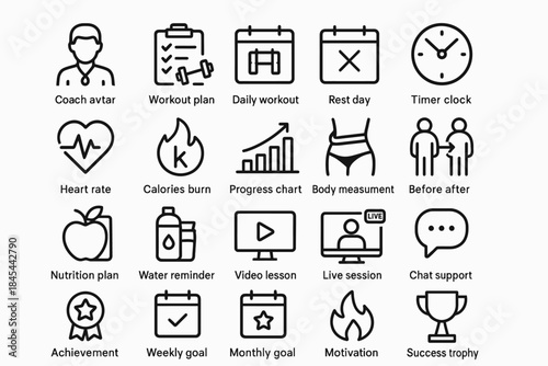 Fitness icon set: workout plans, health monitoring, and exercise motivation