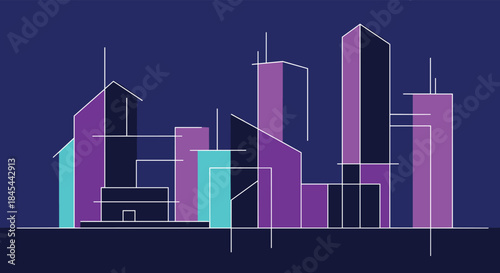 Stylized nocturnal cityscape with modern buildings in vibrant purple, teal, and dark blue, outlined with white geometric lines, perfect for contemporary design.