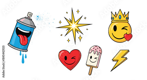 Vibrant collection of cartoon-style pop culture icons, including a spray can, sparkling star, winking emojis, and a lightning bolt.
