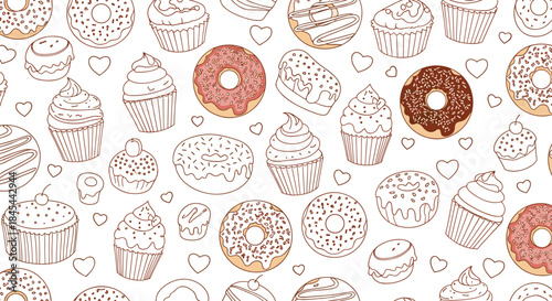 A charming seamless pattern featuring hand-drawn outline illustrations of delicious frosted donuts, cupcakes, and hearts on a clean white background.