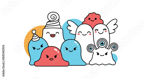 A colorful and diverse group of cute cartoon monsters with varying expressions and features, creating a whimsical and friendly illustration.