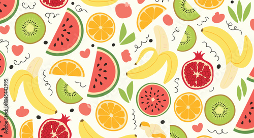 Seamless pattern of fresh, colorful tropical fruits like watermelon, kiwi, banana, orange, and pomegranate on a light background.