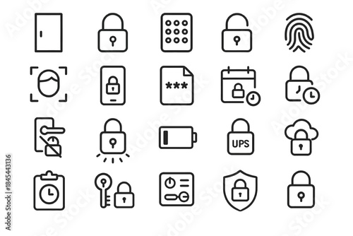Secure icon set featuring locks, biometrics, and network security symbols