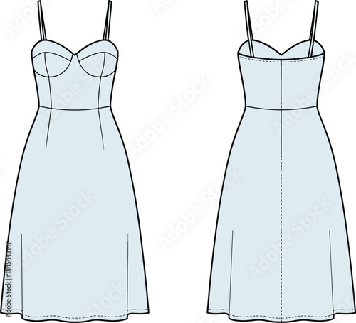 Women's midi slip dress technical flat vector illustration showing front and back views for fashion design apparel production use