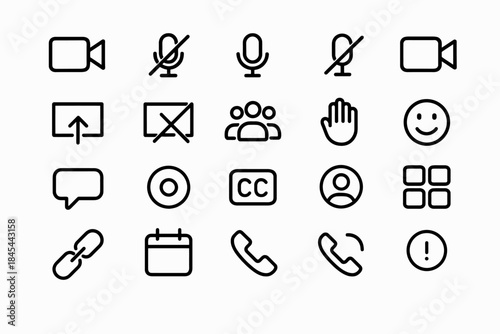 Set of minimalist video call and communication icons in black and white