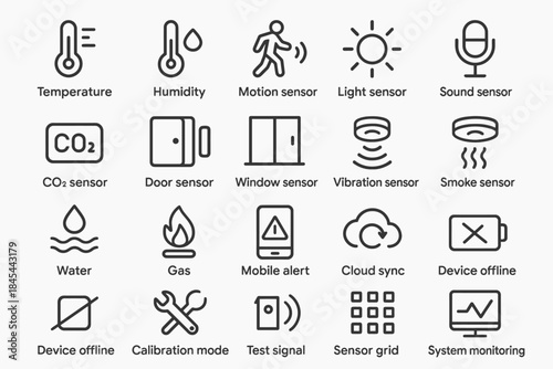 Smart home sensor icons: temperature, humidity, motion, sound, co2, and more