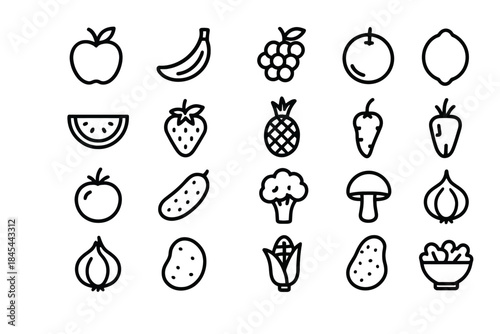 Set of 20 fruit and vegetable outlined icons in grid layout