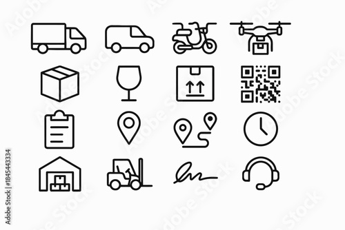 Logistics and delivery icons: truck, van, scooter, drone, warehouse