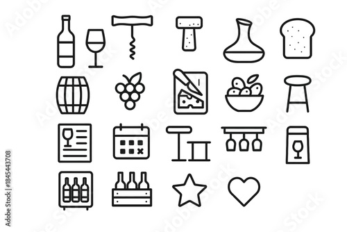 Wine icons set: bottles, glasses, grapes, and barrels in black and white line art