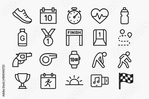 Icon set of fitness and running elements for sport enthusiasts